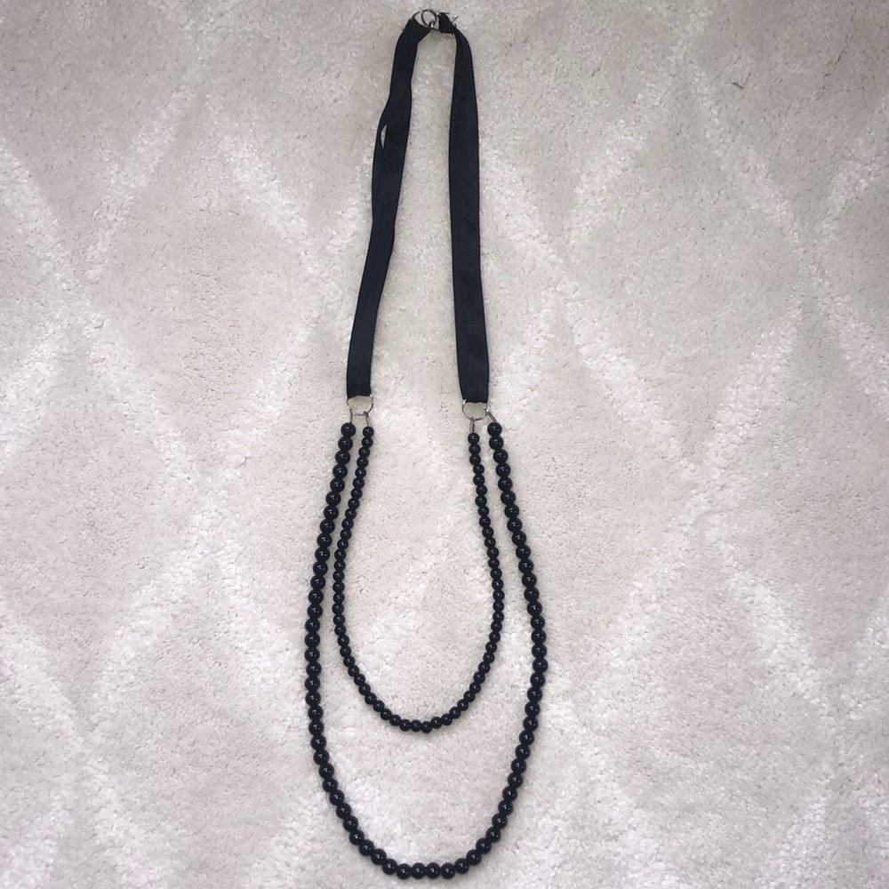 Black Bead And Ribbon Necklace